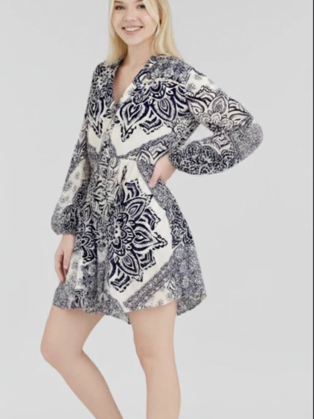 Zara Long Sleeve L Navy White Paisley Balloon Sleeve Homecoming Wedding Guest